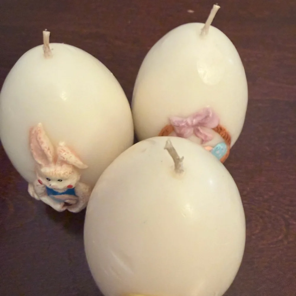 Vintage Egg Shaped Wax CandlesEaster Bunny Chick Design Unlit White Set Of 3